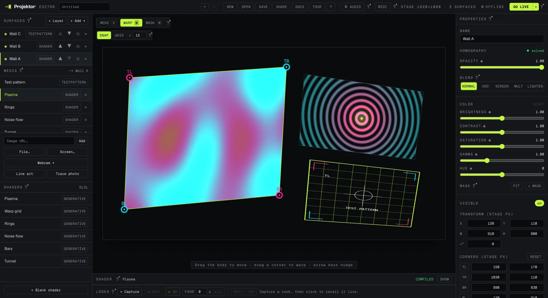 Projektor editor showing surfaces, shader gallery, mapped stage, Looks, and the properties inspector